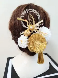 和装髪飾り　(鶴水引＆金マム)　結婚式　卒業式　謝恩会　成人式　振袖　浴衣