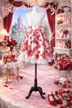 LEST ROSE レストローズ ローズ柄フレアスカート 裾レース 管A10