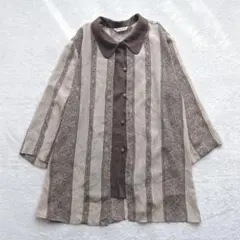 古着　7分袖総柄ブラウス　15号　大きいサイズ　昭和レトロ　ヴィンテージｍ255