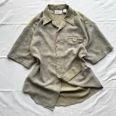 90s VIRGOLA 半袖シャツ M オリーブ 開襟 切替 チェック ドレープ