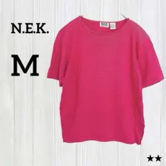★訳あり N.E.K.【M】サマーニット クルーネック 半袖 リブ マゼンタ