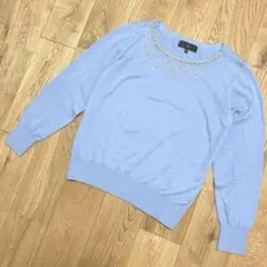 sunauna 長袖ニット　薄手　パール　ビーズ　水色　38