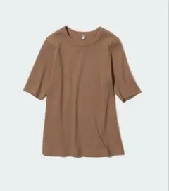 リブクルーネックT UNIQLO ブラウン 五分袖　S