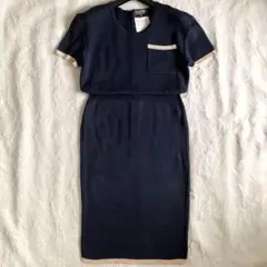 シャネル コットンシルク 象金ボタン 半袖ニットワンピ 38 ネイビー×ベージュ