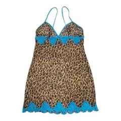 【美品】ヒョウ柄キャミソール 青レース/レオパード柄ベビードール/ランジェリー