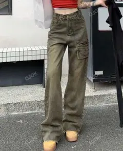ワイドレッグデニム ヴィンテージ加工　ウォッシュド加工　カーゴ　ハイウエスト