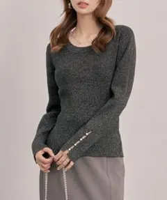 セゾンドパピヨン　ラメニット　タグ付き新品 袖パールボタン ブラック