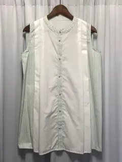 ノースリーブチュニック ホワイトとストライプのグリーン