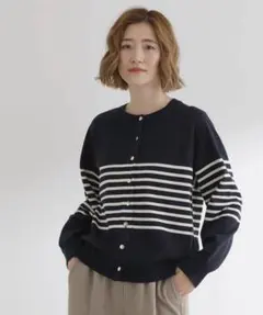 グローブ【M】カーディガン　ボーダー　紺　通勤通学　オフィス　きれいめ　上品