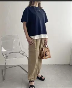 ikka コットンUSA袖刺繍レイヤーTシャツ　L