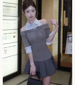 darich シャツドッキングオフショルプリーツミニワンピース GRY