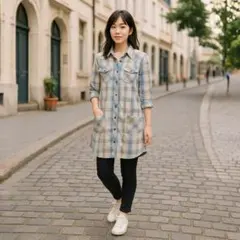 【大人可愛い】MARAXIA シャツワンピース チェック柄 切替 Ｍ グレー