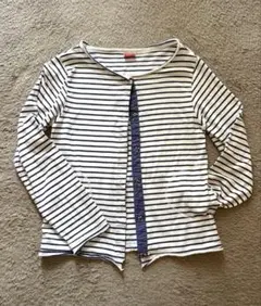 ボーダーカットソーカーデ Tシャツ ホワイト×ネイビー 前開き ポケット付