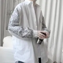 ペイズリー柄シャツ モノトーン XL 長袖シャツ メンズ オーバーサイズ