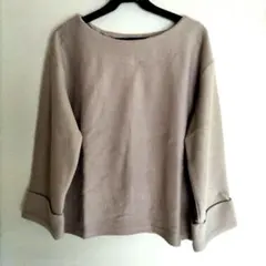 リブ編み ベージュ ボートネック 七分袖 トップス