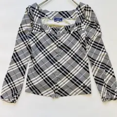 バーバリーブルーレーベル チェック 長袖ブラウス スクエアネックフリルディテール