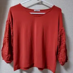レース袖 赤 Vネック カットソー