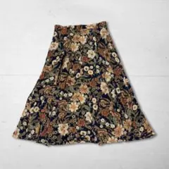 Vintage フレアスカート 花柄 日本製 ブラウン ネイビー 上品 レトロ