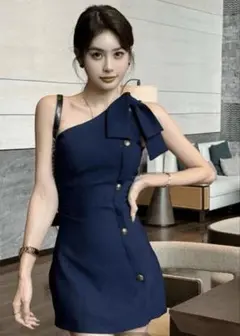 ネイビー ワンショルダードレス リボン付き