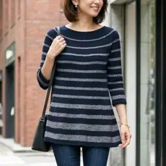 G9340*セブンアイディコンセプト☆ボーダー☆ニット☆ウール☆紺色☆38