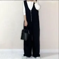 オールインワン サロペット パンツ 黒 ブラック 数回着用 ゆったり 体型カバー