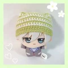 ちびぐるみ ぬい服 猫耳ボーダーニット帽 黄緑×白 ハンドメイド 編み物