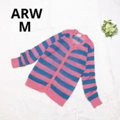 ARW 長袖ボーダーニットカーディガン ウール混 ふわふわ レトロ 日本製　M