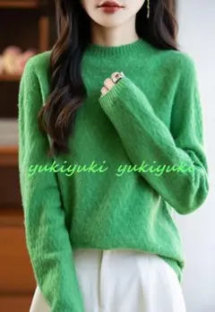 M極上柔らかカシミヤ100％★暖か可愛い編地ハイネックニット♪グリーンＭ