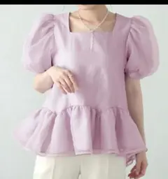 O.S.Kスクエアネックオーガンジートップス　パフスリーブ トップス