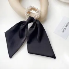 ブラック　ヘアゴム　リボン　パール　ヘアアクセサリー　韓国　2way　お洒落　黒