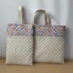 入園入学2点セット　レッスンバッグ　上履き入れ　ハンドメイド　キルティング　花柄