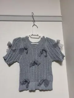 グレー リボン装飾 透かし編み 半袖ニット