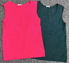 【GU 】リブスクエアネックニットタンクトップ　グリーン＆ピンク　2枚セット