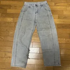 グレー ダメージ加工 ワイドレッグデニムパンツ
