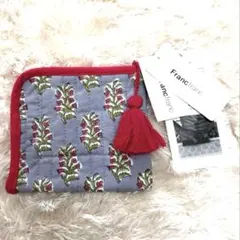 フランフラン ブロックプリントポーチタッセル付 花柄青Francfrancタグ付