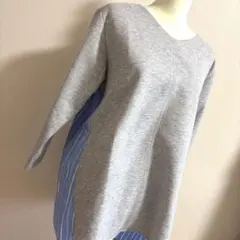 グレー ブルーストライプ 異素材 Vネック 長袖 トップス カットソー LL