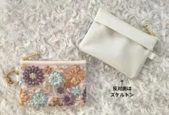 仕切りポーチS　インド刺繍リボン×合皮　スケルトン　マルチケース　財布
