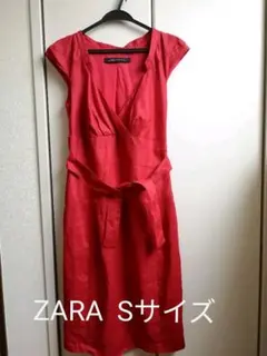 美品☆ZARA 　S　リネン　赤　ワンピース