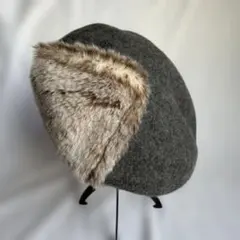 ベレー帽　ウール フェイクファー　グレー