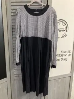 レディース 長袖ワンピース M 千鳥格子柄 古着 モノトーン