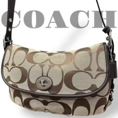 美品　コーチ　ショルダーバッグ　斜め掛け　ターンロック　フラップ　キャンバス