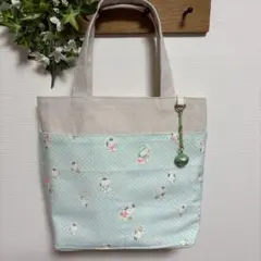 昭和レトロ　古布　着物リメイク　童子柄　ハンドメイドバック ミントグリーン