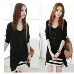 2枚組 お得なセット 秋物ロングドレス 長袖 の ワンピ　黒 M