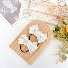 ハンドメイドキッズリボンヘアゴム2本セット　韓国生地　パープル系　リボンハート柄