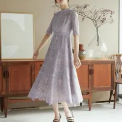 DorryDoll 配色レース×ハシゴレース切り替えワンピースドレス ラベンダー