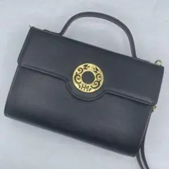美品 ハナエモリ サークルロゴ 2way ハンドバッグ チェーン 鞄 ブラック