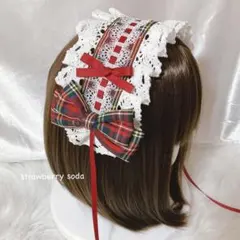 タータンチェック リボン ホワイト ヘッドドレス ロリィタ コスプレ クラロリ