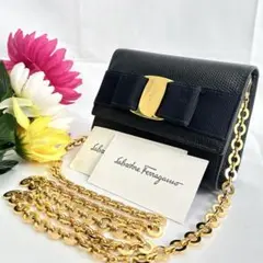 美品　フェラガモ　ヴァラリボン　3way　チェーンショルダーバッグ　ブラック