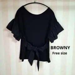 BROWNY フリル袖リボン付き黒Tシャツ【F】のサムネイル