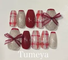 マ*ー様 ネイルチップ　大人　ガーリー　赤　ボルドー　チェック　ゴールド　キラキ